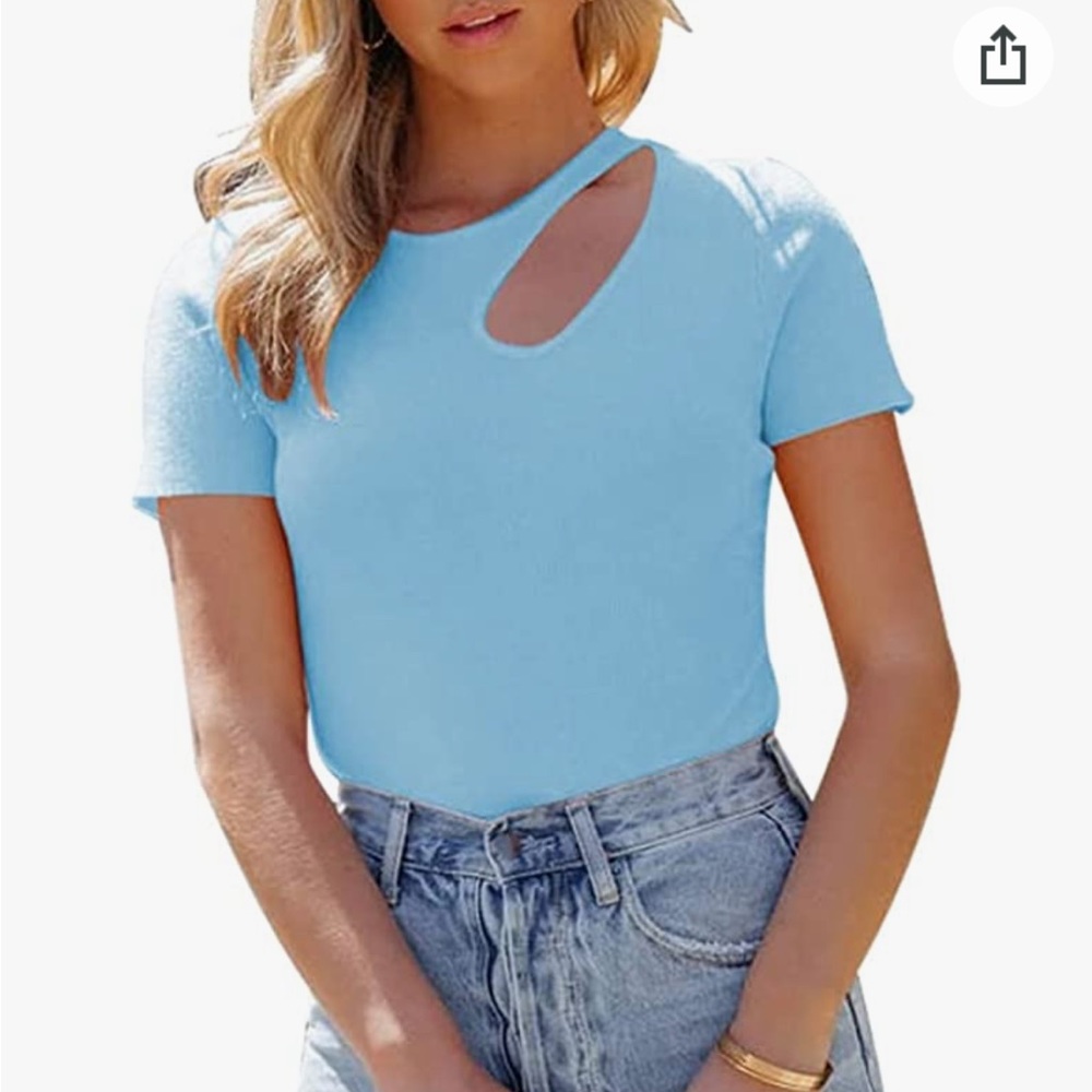 Women’s crew neck short sleeve bodysuit with a cutout.